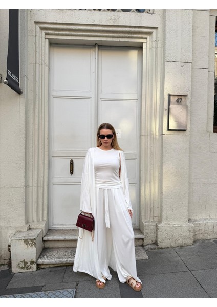 Kadın Viskon 3’lü Takım – Kimono + Beli Lastikli Salaş Pantolon + Sıfır Kol (Kolsuz) – 8 Renk