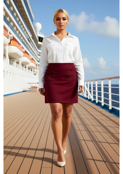 Kadın Düz Dokuma Süet Mini Etek Bağcıklı Cep Detaylı Fonksiyonel Dayanıklı Kaliteli Modern