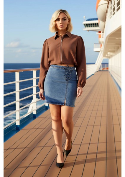 Kadın Yüksek Bel Bağcıklı Denim Mini Etek Fonksiyonel Dayanıklı Kaliteli Konforlu Estetik Şık