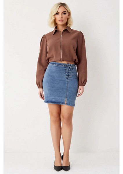 Kadın Yüksek Bel Bağcıklı Denim Mini Etek Fonksiyonel Dayanıklı Kaliteli Konforlu Estetik Şık fırsatları