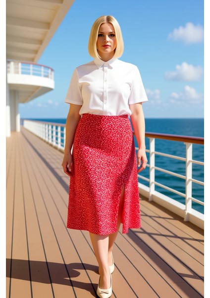 Kadın A Kesim Yüksek Bel Midi Dokuma Etek %100 Viskoz Çiçek Desenli Fonksiyonel Dayanıklı Şık