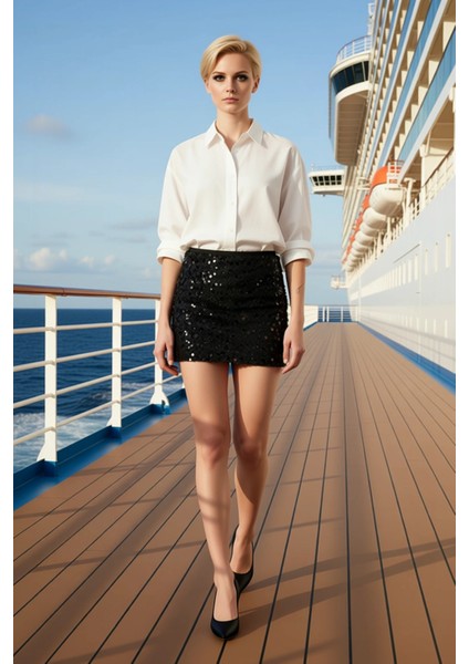 Kadın Yüksek Bel Kalem Kesim Mini Boy Esnek Örme Kumaş Payet Dokuma Düz Desen Vücuda Oturan Etek