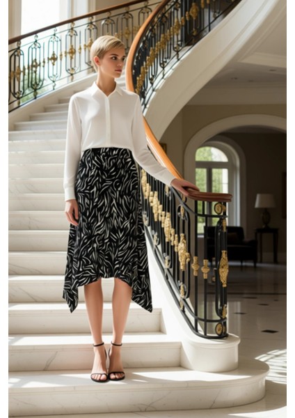 Kadın Yüksek Bel Midi Boy Asimetrik Volanlı Skater Kesim Zebra Desenli Örme Kaşkorse Etek Şık fiyatları