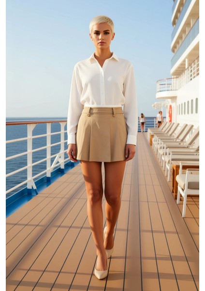 Kadın Gabardin Pileli Mini Etek Normal Bel Kemerli Fonksiyonel Dayanıklı Kaliteli Konforlu