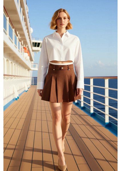 Kadın Gabardin Pileli Mini Etek Normal Bel Kemerli Fonksiyonel Dayanıklı Kaliteli Konforlu