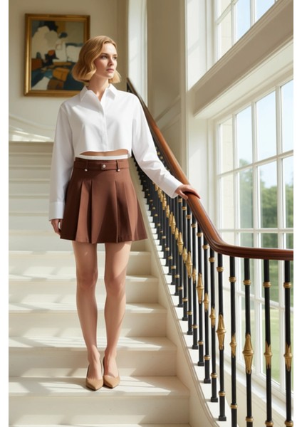 Kadın Gabardin Pileli Mini Etek Normal Bel Kemerli Fonksiyonel Dayanıklı Kaliteli Konforlu fiyatları