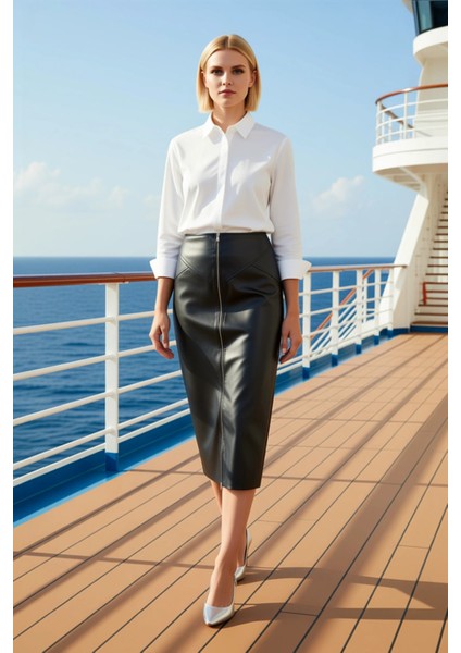 Kadın Kalem Midi Suni Deri Fermuar Detaylı Dokuma Etek Fonksiyonel Dayanıklı Kaliteli Spor