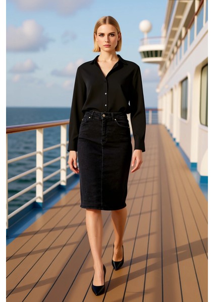 Kadın Yüksek Bel Kalem Denim Midi Etek Fonksiyonel Dayanıklı Kaliteli Konforlu Estetik Şık