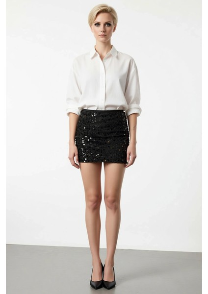 Kadın Yüksek Bel Kalem Kesim Mini Boy Esnek Örme Kumaş Payet Dokuma Düz Desen Vücuda Oturan Etek fırsatları