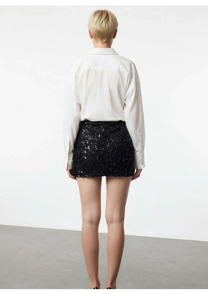 Kadın Yüksek Bel Kalem Kesim Mini Boy Esnek Örme Kumaş Payet Dokuma Düz Desen Vücuda Oturan Etek indirimleri