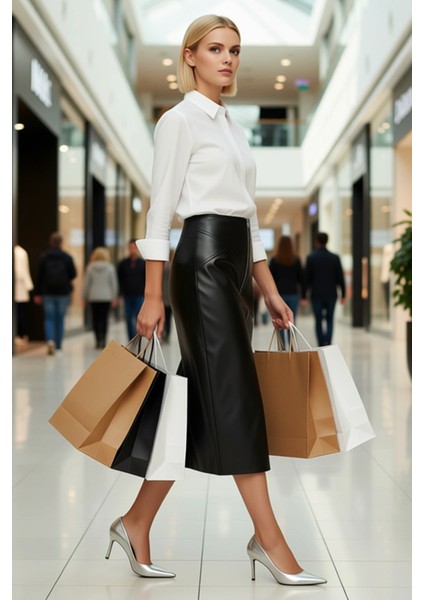 Kadın Kalem Midi Suni Deri Fermuar Detaylı Dokuma Etek Fonksiyonel Dayanıklı Kaliteli Spor modelleri