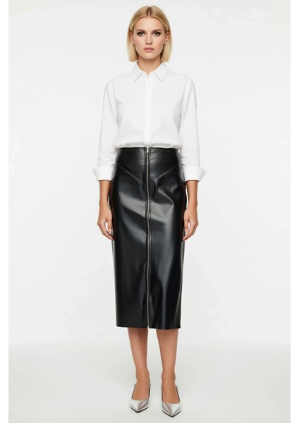 Kadın Kalem Midi Suni Deri Fermuar Detaylı Dokuma Etek Fonksiyonel Dayanıklı Kaliteli Spor fırsatları