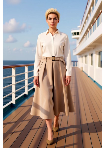 Kadın Kloş Midi Etek Cep Detaylı Gabardin Kemerli Fonksiyonel Dayanıklı Kaliteli Konforlu Şık