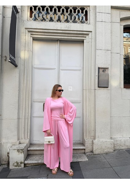 Kadın Viskon 3’lü Takım – Kimono + Beli Lastikli Salaş Pantolon + Kısa Kol (Tshirt) – 8 Renk