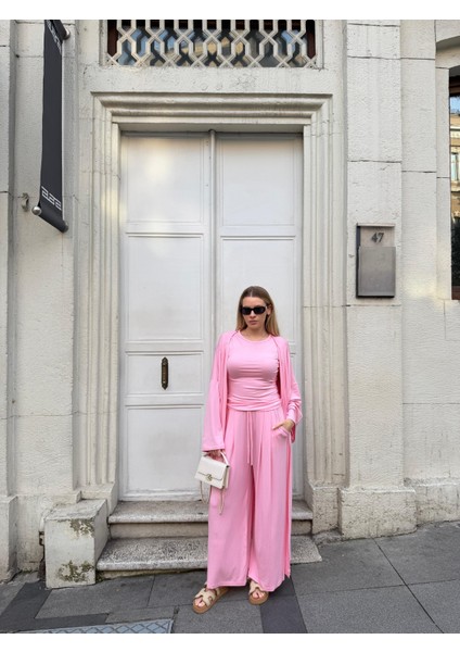 Kadın Viskon 3’lü Takım – Kimono + Beli Lastikli Salaş Pantolon + Kısa Kol (Tshirt) – 8 Renk fiyatları