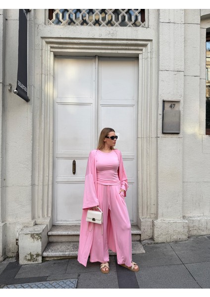 Kadın Viskon 3’lü Takım – Kimono + Beli Lastikli Salaş Pantolon + Kısa Kol (Tshirt) – 8 Renk modelleri