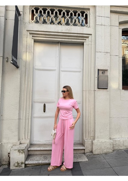 Kadın Viskon 3’lü Takım – Kimono + Beli Lastikli Salaş Pantolon + Kısa Kol (Tshirt) – 8 Renk