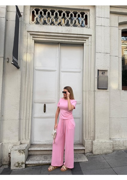 Kadın Viskon 3’lü Takım – Kimono + Beli Lastikli Salaş Pantolon + Kısa Kol (Tshirt) – 8 Renk