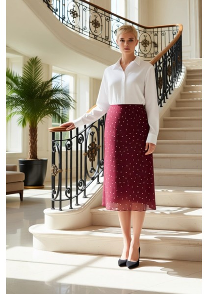 Kadın A Line Midi Etek Puantiye Desenli %94 Polyester %6 Elastan Fonksiyonel Dayanıklı Şık fiyatları