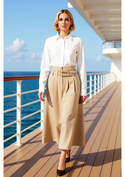 Kadın Gabardin Maxi Etek Yüksek Bel Çift Kemer Detaylı Düz Desen Fonksiyonel Dayanıklı Şık