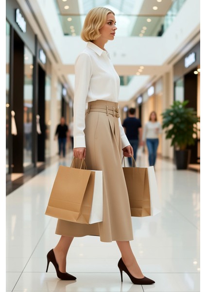 Kadın Gabardin Maxi Etek Yüksek Bel Çift Kemer Detaylı Düz Desen Fonksiyonel Dayanıklı Şık modelleri