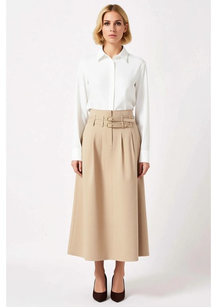 Kadın Gabardin Maxi Etek Yüksek Bel Çift Kemer Detaylı Düz Desen Fonksiyonel Dayanıklı Şık fırsatları