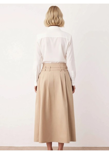 Kadın Gabardin Maxi Etek Yüksek Bel Çift Kemer Detaylı Düz Desen Fonksiyonel Dayanıklı Şık indirimleri