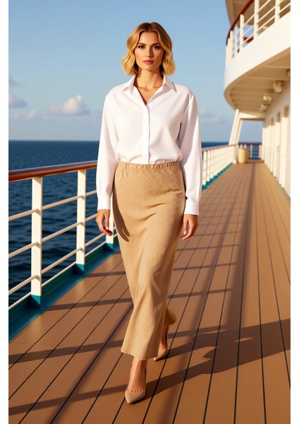 Kadın Yüksek Bel Midi Etek Düz Kalıp %100 Keten Fonksiyonel Dayanıklı Kaliteli Konforlu Şık