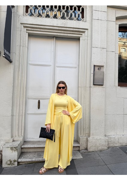 Kadın Viskon 3’lü Takım – Kimono + Beli Lastikli Salaş Pantolon + Kısa Kol (Tshirt) – 8 Renk