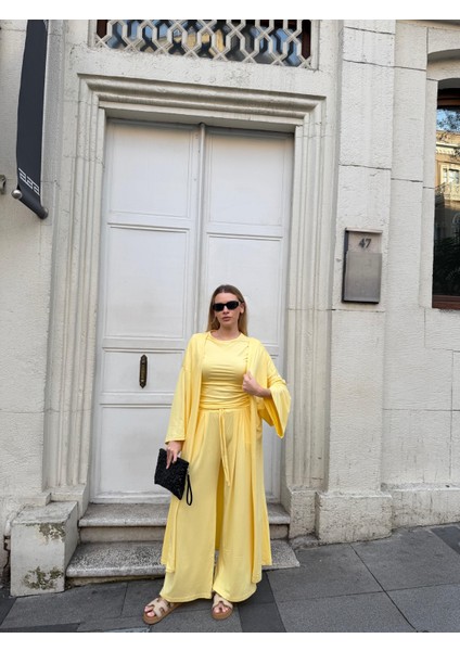 Kadın Viskon 3’lü Takım – Kimono + Beli Lastikli Salaş Pantolon + Kısa Kol (Tshirt) – 8 Renk