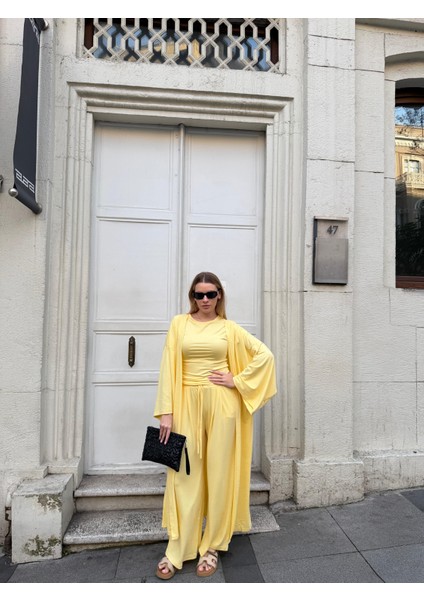 Kadın Viskon 3’lü Takım – Kimono + Beli Lastikli Salaş Pantolon + Kısa Kol (Tshirt) – 8 Renk