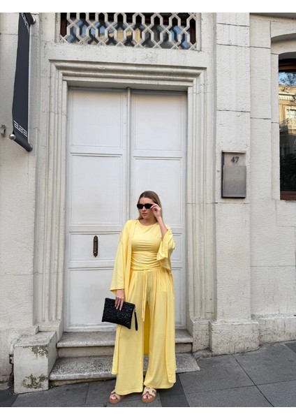 Kadın Viskon 3’lü Takım – Kimono + Beli Lastikli Salaş Pantolon + Kısa Kol (Tshirt) – 8 Renk