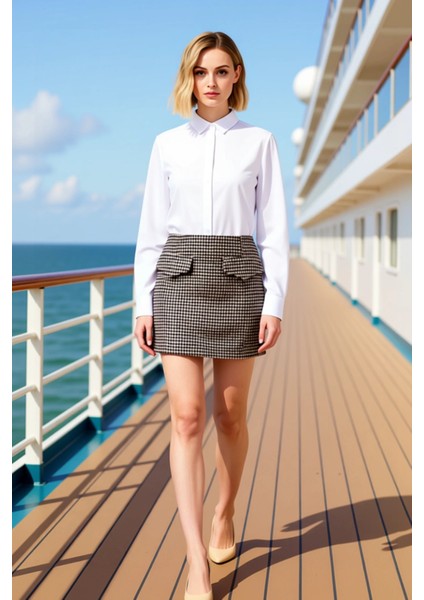 Kadın A Line Mini Etek Kazayağı Desenli Kaşe Fonksiyonel Dayanıklı Kaliteli Konforlu Rahat