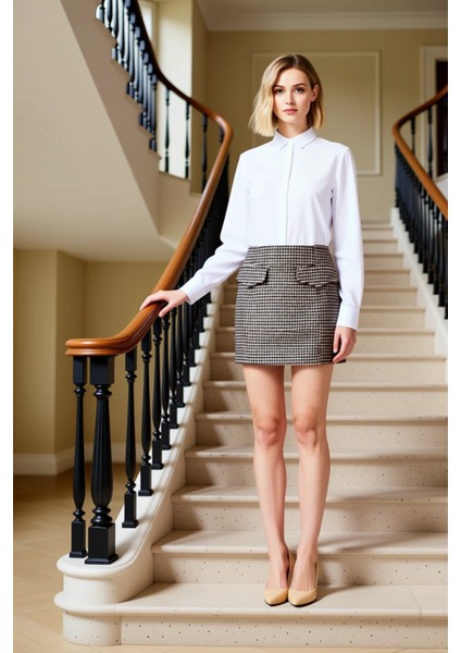 Kadın A Line Mini Etek Kazayağı Desenli Kaşe Fonksiyonel Dayanıklı Kaliteli Konforlu Rahat fiyatları