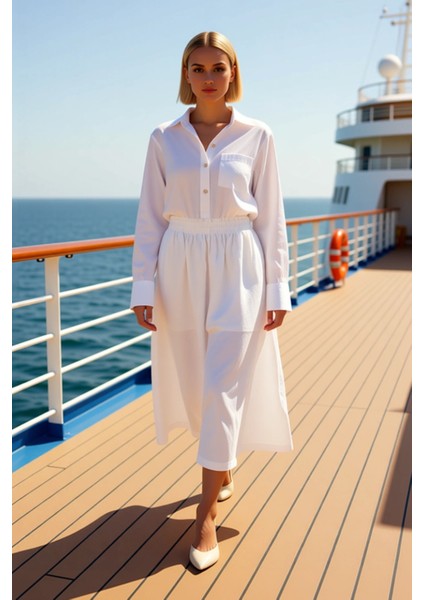 Kadın %100 Keten Midi Etek Beli Lastikli Düz Kalıp Fonksiyonel Dayanıklı Kaliteli Konforlu