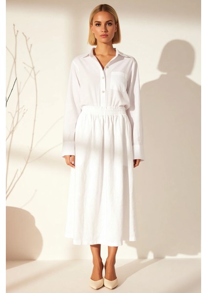 Kadın %100 Keten Midi Etek Beli Lastikli Düz Kalıp Fonksiyonel Dayanıklı Kaliteli Konforlu fırsatları