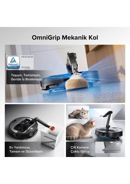 22.000 Pa Ultra Emiş Gücü Çöp Boşaltma Istasyonlu Mekanik Kollu Yapay Zeka Destekli Robot Süpürge ve Mop Saros Z70, Siklon Filtre ve Epa/hepa Filtre Üst Seviye Zeka + Tiftik Toplama Cihazı