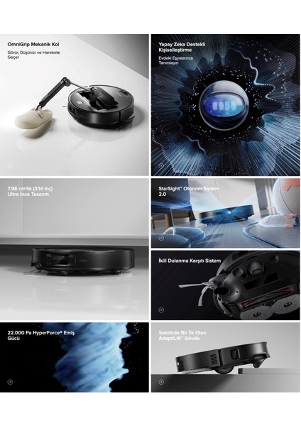 22.000 Pa Ultra Emiş Gücü Çöp Boşaltma Istasyonlu Mekanik Kollu Yapay Zeka Destekli Robot Süpürge ve Mop Saros Z70, Siklon Filtre ve Epa/hepa Filtre Üst Seviye Zeka + Tiftik Toplama Cihazı