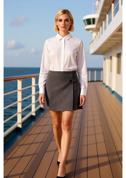 Kadın Dokuma Kaşe Kumaş A Line Kalıp Düz Desen Mini Etek Yan Düğme Şerit Detaylı Kısa Boy Kesim