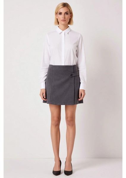 Kadın Dokuma Kaşe Kumaş A Line Kalıp Düz Desen Mini Etek Yan Düğme Şerit Detaylı Kısa Boy Kesim fırsatları