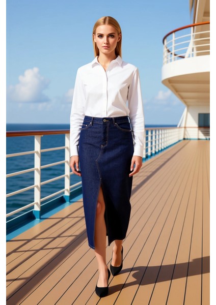 Kadın %100 Pamuk Denim Midi Etek Yırtmaçlı A Kesim Fonksiyonel Dayanıklı Kaliteli Konforlu