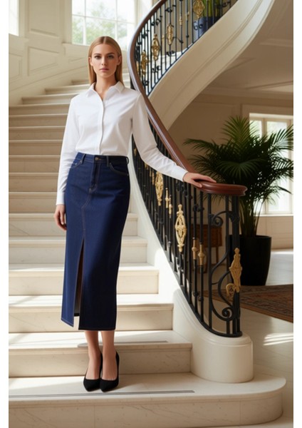 Kadın %100 Pamuk Denim Midi Etek Yırtmaçlı A Kesim Fonksiyonel Dayanıklı Kaliteli Konforlu fiyatları