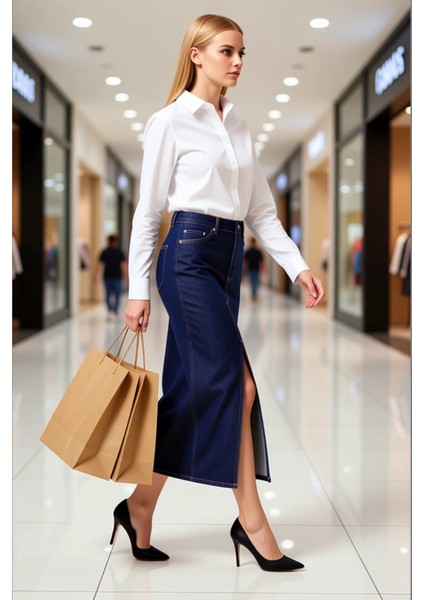 Kadın %100 Pamuk Denim Midi Etek Yırtmaçlı A Kesim Fonksiyonel Dayanıklı Kaliteli Konforlu modelleri