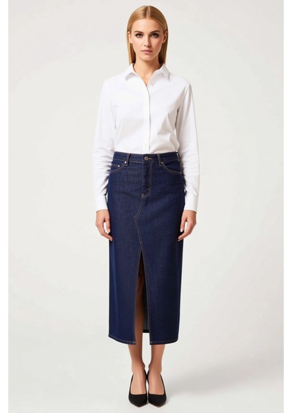 Kadın %100 Pamuk Denim Midi Etek Yırtmaçlı A Kesim Fonksiyonel Dayanıklı Kaliteli Konforlu fırsatları