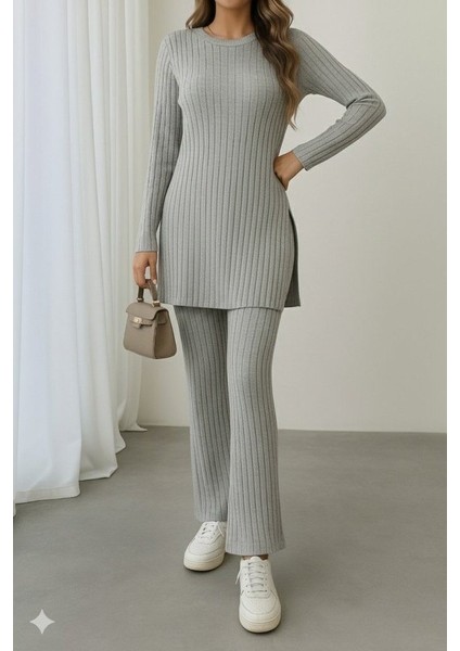 Nuvıraa Kadın Uzun Kollu Yuvarlak Yaka Yandan Yırtmaç Detaylı Şardonlu Kaşkorse Bluz ve Pantolon Ikili Takım modelleri