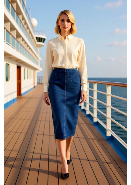 Kadın Midi Kalem Denim Etek Yüksek Bel Düz Kesim Fonksiyonel Dayanıklı Kaliteli Konforlu Şık