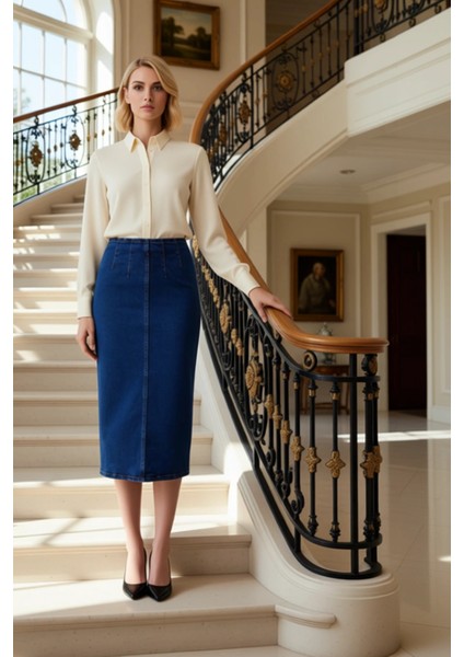 Kadın Midi Kalem Denim Etek Yüksek Bel Düz Kesim Fonksiyonel Dayanıklı Kaliteli Konforlu Şık fiyatları