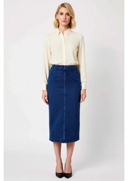 Kadın Midi Kalem Denim Etek Yüksek Bel Düz Kesim Fonksiyonel Dayanıklı Kaliteli Konforlu Şık fırsatları