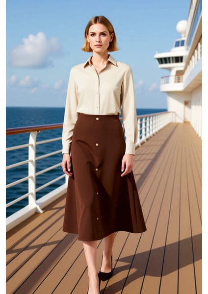 Kadın Yüksek Bel Düğmeli Midi Etek A Kesim %100 Polyester Fonksiyonel Dayanıklı Kaliteli Şık