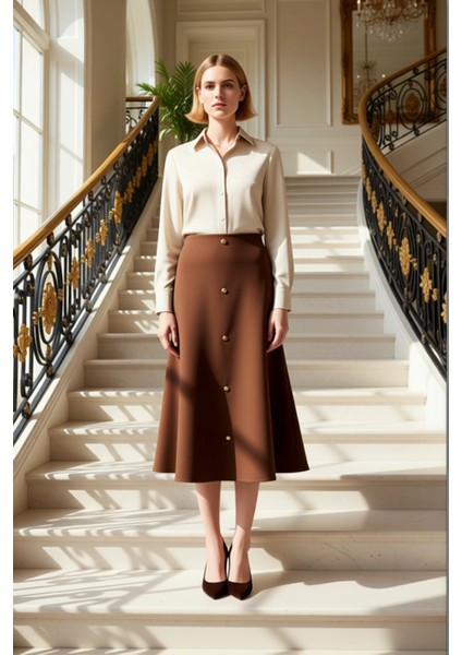 Kadın Yüksek Bel Düğmeli Midi Etek A Kesim %100 Polyester Fonksiyonel Dayanıklı Kaliteli Şık fiyatları